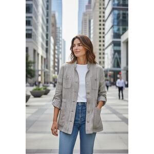 Chico’s Travel Nyssa Jacket Sand Shimmer Linen Blend Sheer NWT Chico’s 3 / Lg